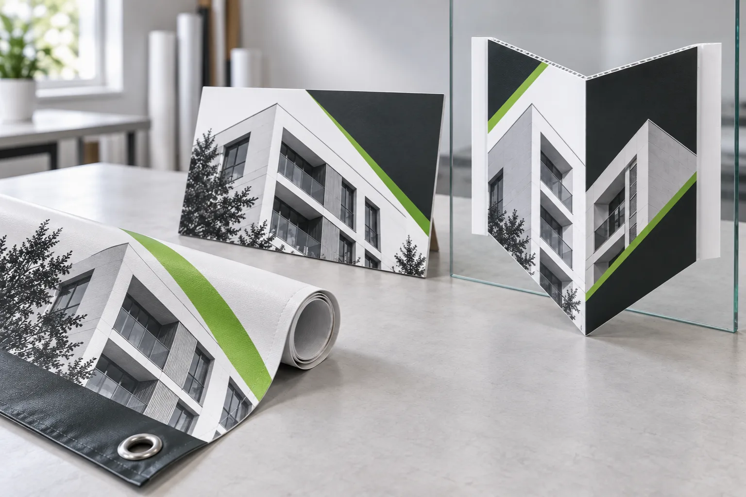 Folding sign, flat sign and banner with coordinated white, charcoal and green print designs