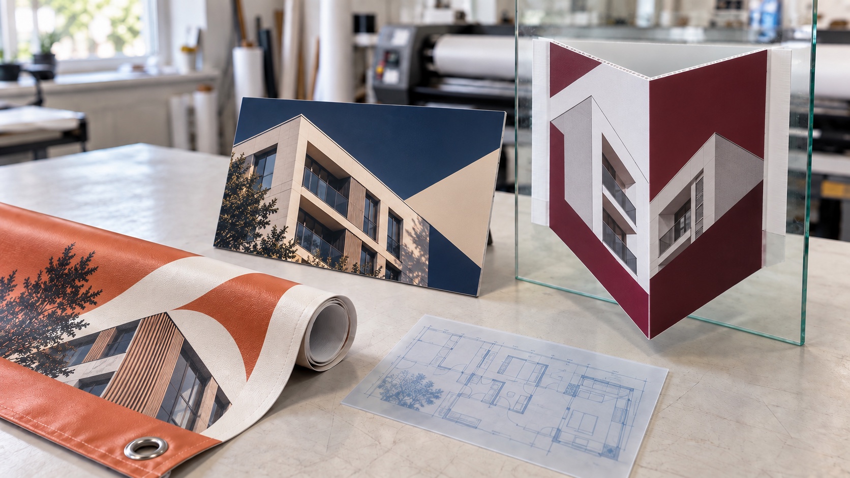 Printed folding sign, flat signs, PVC banner and adhesive film in a print workshop