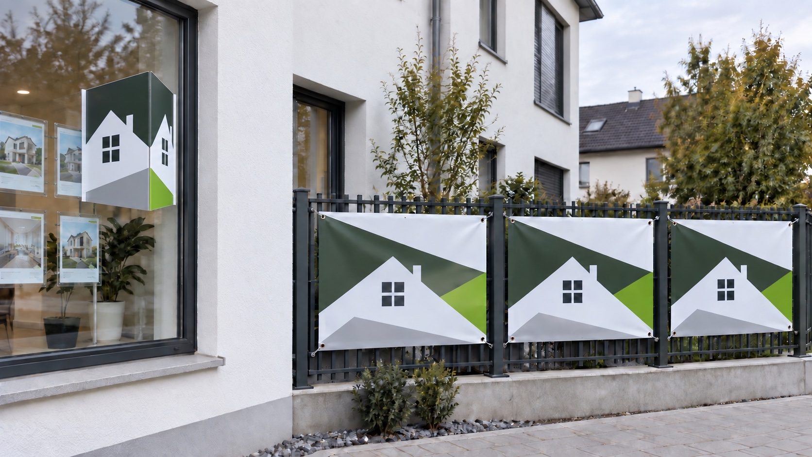 Triangular folded corrugated-plastic sign on a window and three equal-sized advertising banners on a fence