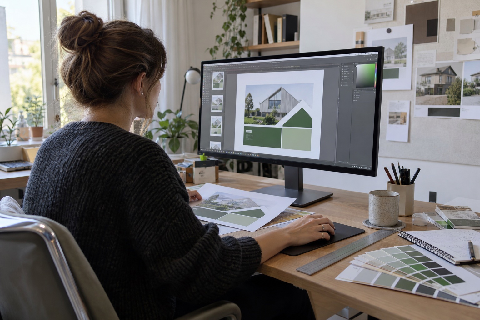 Freelance graphic designer checking artwork for printed property advertising