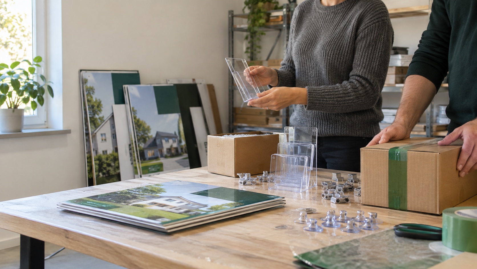 Product partners preparing real estate marketing products and mounting accessories for dispatch