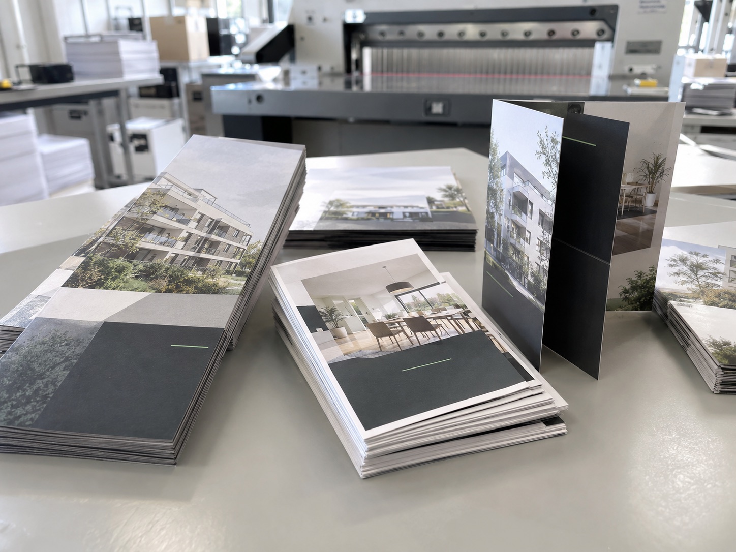 Printed flyers in standard and folded formats on a production table