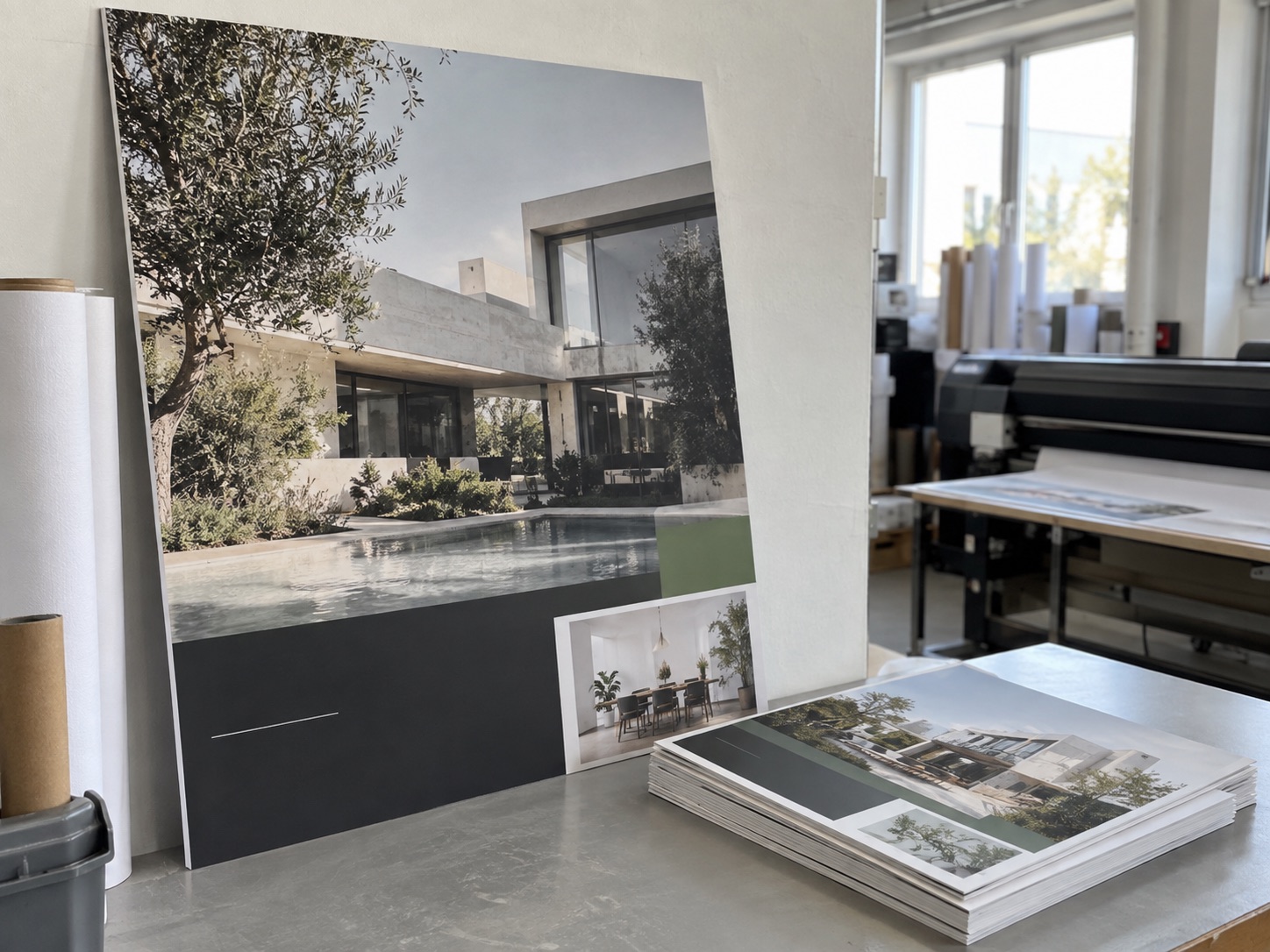 Freshly printed real estate posters in several DIN sizes in a print workshop