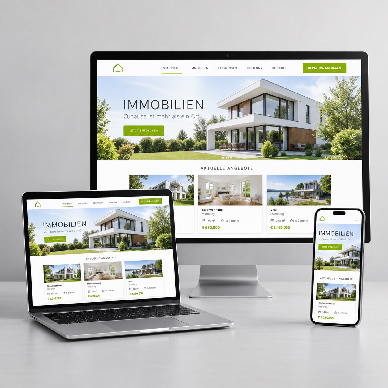 Real estate website on desktop, laptop and smartphone