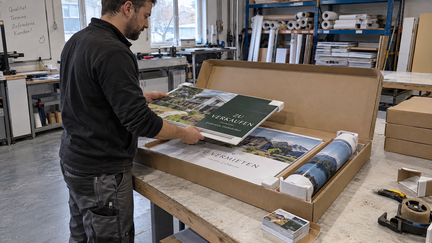 Print employee packing flat signs and a banner for a white-label order